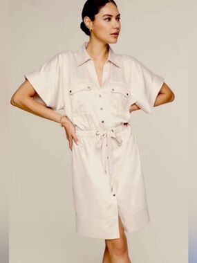 White House Black Market Cream Short-Sleeve Shirt Dress with Tie Waist
